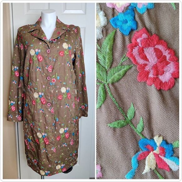 Johnny Was floral embroidered 3-button cotton long coat sz XL